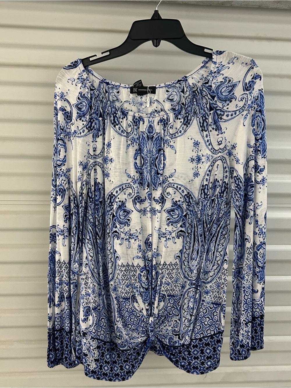 INC International Concepts White and Blue Paisley Long Sleeve Top